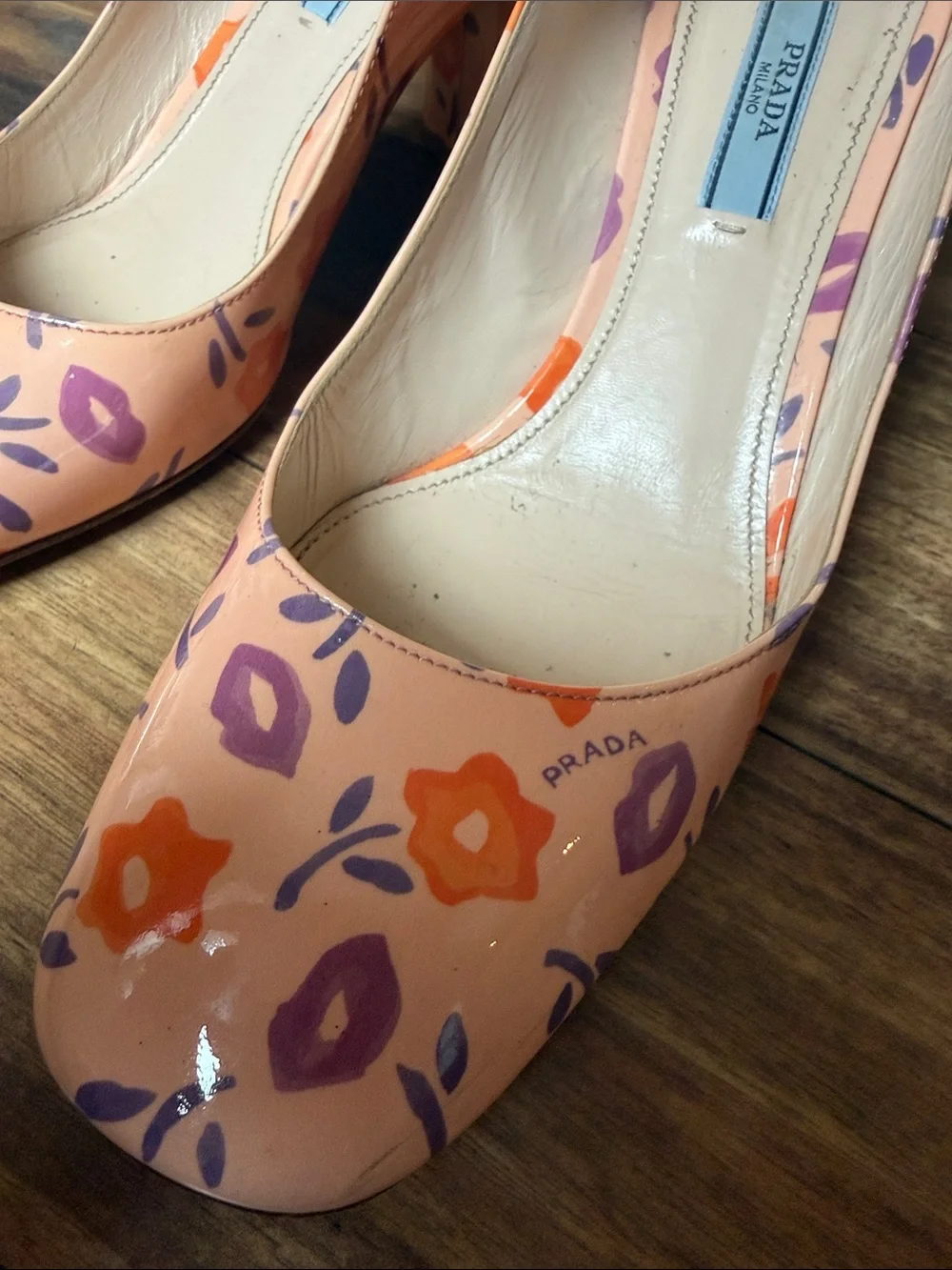 Prada Peach Floral Block Heel Pumps sz 39 - Picture 9 of 12